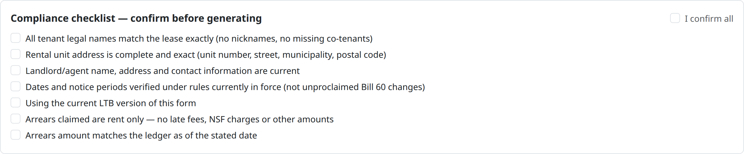 Compliance checklist that must be confirmed before a notice can be generated